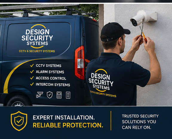 An engineer from Design Security Systems installing a CCTV camera system in Ballymena Northern Ireland.
